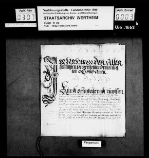 Notariatsinstrument über die Zustimmung des Grafen Friedrich Eberhard zu Löwenstein, Wertheim etc., zu dem sog. statutum gentilicium vom Jahre 1597.