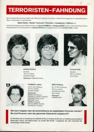 "Terroristen - Fahndung" Adelheid Schulz - Christian Klar. Hrsg.: Landeskriminalamt Stuttgart / Bundeskriminalamt Wiesbaden. [Stuttgart], 1980