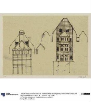 Marienbad, Projekt Kurhotel in Königswart, vorbereitende Skizze, zwei verschiedene Aufrisse eines Teils der Hauptfassade