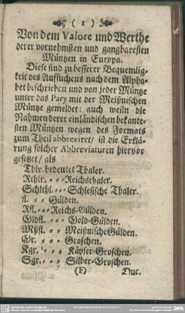 Von dem Valore und Werthe