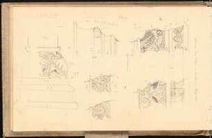 Skizzenbuch 1900-1901: Kapelle zum Heiligen Kreuz in Landsberg, Säulenbasen und Kapitelle, Ansichten, Schnitte