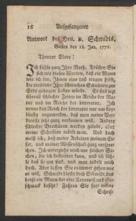 Antwort des Hrn. D. Schmidts. Gießen den 18. Jan. 1772.
