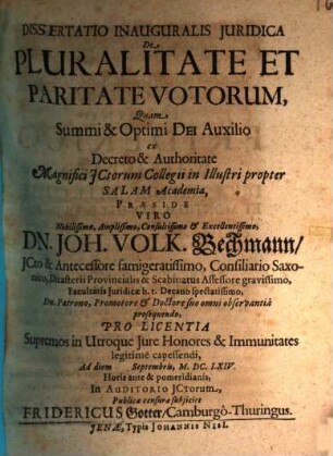 Dissertatio Inauguralis Juridica De Pluralitate Et Paritate Votorum