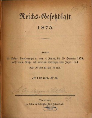 Reichsgesetzblatt. 1875
