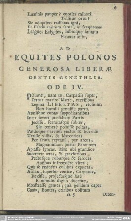 Ad Equites Polonos Generosa Liberae Gentis Genethlia. Ode IV.