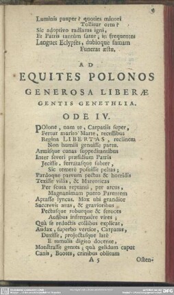 Ad Equites Polonos Generosa Liberae Gentis Genethlia. Ode IV.