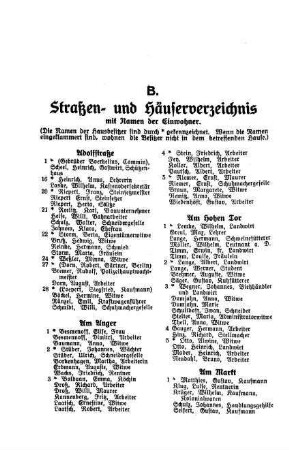 B. Straßen- und Häuserverzeichnis