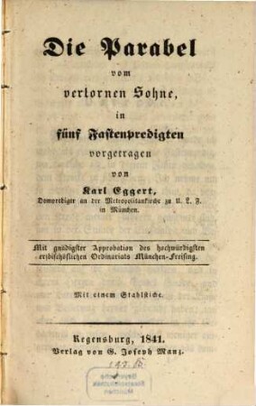 Die Parabel vom verlornen Sohne : in fünf Fastenpredigten vorgetragen