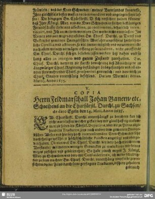 V. Copia Herrn Feldmarschall Johan Banern, etc. Schreibens an die Churfürstl. Durchl. zu Sachsen, de dato Egeln, den 14. Maii, Anno 1635