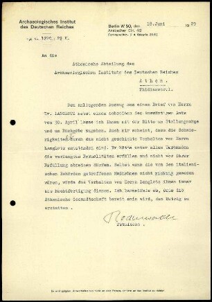 G. Rodenwaldt an DAI Athen