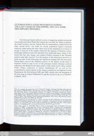 Ottoman Population Movements During The Last Years Of The Empire, 1885-1914: Some Preliminary Remarks
