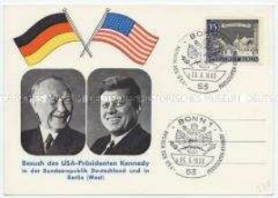 Ersttagspostkarte mit Marke und Sonderstempel zum Besuch von John F. Kennedy