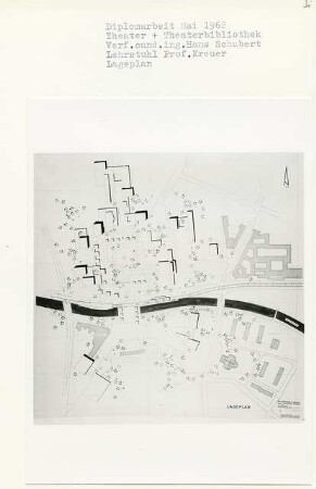 Theater und Theaterbibliothek, Berlin-Kreuzberg (Diplomarbeit bei Willy Kreuer): Lageplan 1:1000