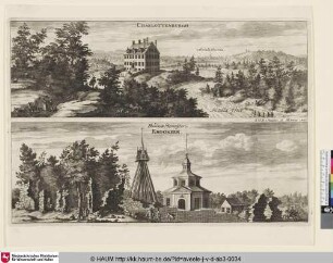 Suecia Antiqua et Hodierna; oben: Charlottenburgh; unten: Ruinae Monasterii Krookeek