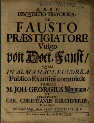 Disqvisitio Historica, De Fausto Praestigiatore Vulgo von Doct. Faust