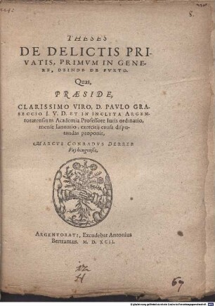 Theses de delictis privatis, primum in genere, deinde de furto