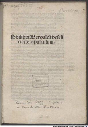 De felicitate : mit Gedichten und Widmungsbrief des Autors an Jakob, Markgraf von Baden