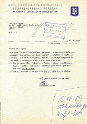 Brief FDGB Potsdam