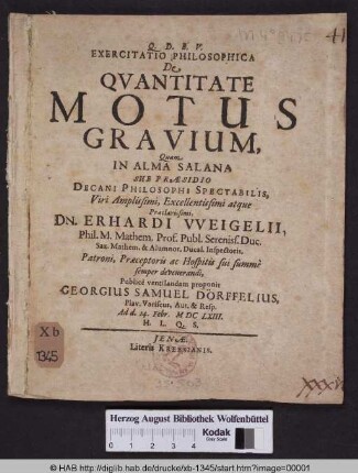 Exercitatio Philosophica De Qvantitate Motus Gravium