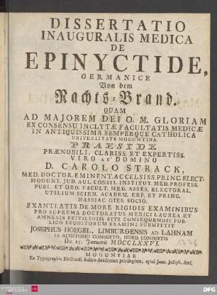 Dissertatio Inauguralis Medica De Epinyctide, Germanice Von dem Nachts-Brand