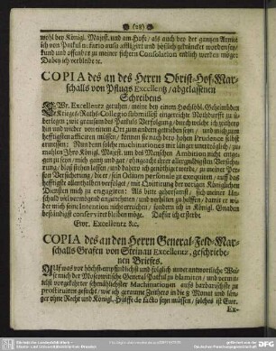 Copia des an des Herrn Obrist-Hof-Marschalls von Pflugs Excellentz, abgelassenen Schreibens