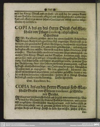 Copia des an des Herrn Obrist-Hof-Marschalls von Pflugs Excellentz, abgelassenen Schreibens