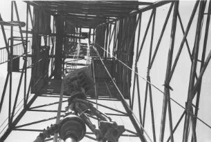 Bohrturm aus der Froschperspektive : Blick von unten in einen Öl-Bohrturm