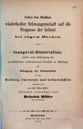 Über den Einfluss wiederholter Schwangerschaft auf die Prognose der Geburt bei engem Becken : Inaug. Diss.