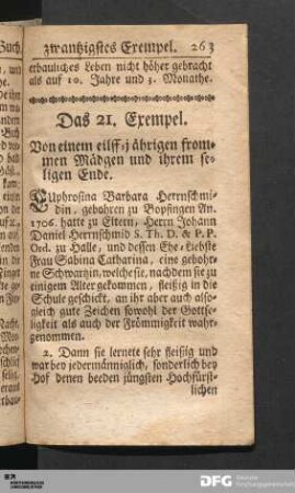 Das 21. Exempel. Von einem eilff-jährigen frommen Mädgen und ihrem seligen Ende.