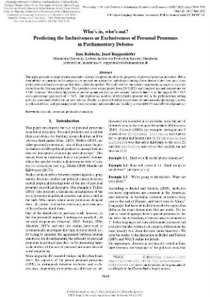 Who’s in, who’s out? Predicting the inclusiveness or exclusiveness of personal pronouns in parliamentary debates
