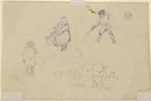 Drei Figurenstudien und eine skizzenhafte Ansicht von Eberstadt