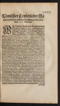 Römischer Keyserlicher Maiestat Landtfrid/ auff dem Reichßtag zu Wormbs Anno 1521. Auffgericht.