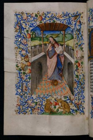 Vollbordürenseite mit Miniatur (segnender Christus mit Buch) und bewohnter Streumusterbordüre