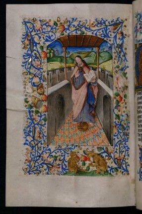 Vollbordürenseite mit Miniatur (segnender Christus mit Buch) und bewohnter Streumusterbordüre