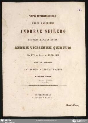 Viro Ornatissimo Amico Carissimo Andreae Seilero Mueris ecclesiastici Annum Vicesimum Quintum ... muneris socii