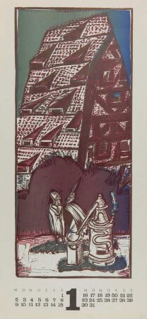 Januarblatt des Kalenders"Faustus 1978": Faust und Mephisto als Alchemisten in Maulbronn