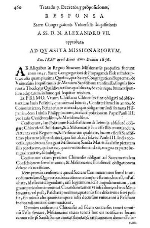Responsa Sacræ Congregationis Vniuersalis Inquisitionis A SS. D. N. Alexandro VII. approbata, Ad Qvæsita Missionariorvm. Soc. Iesv apud Sinas Anno Domini 1656.