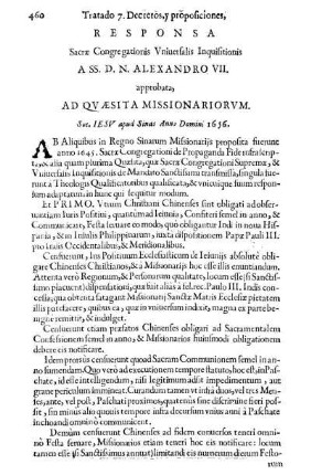 Responsa Sacræ Congregationis Vniuersalis Inquisitionis A SS. D. N. Alexandro VII. approbata, Ad Qvæsita Missionariorvm. Soc. Iesv apud Sinas Anno Domini 1656.