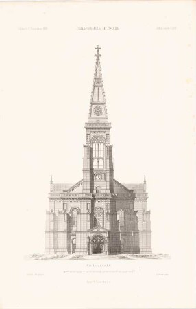 Dankeskirche, Berlin-Wedding: Vorderansicht (aus: Atlas zur Zeitschrift für Bauwesen, hrsg. v. Ministerium der öffentlichen Arbeiten, Jg. 39, 1889)