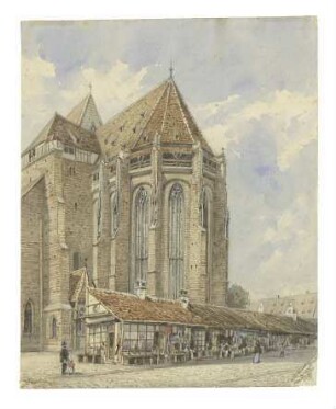 Münsterchor und davorliegende Kramläden. Um 1870