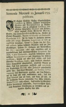 Sententia Mercurii 22. Januarii 1755. publicata.