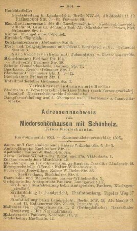 Adressennachweis von Niederschönhausen mit Schönholz. Kreis Niederbarnim