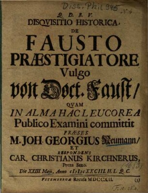 Disqvisitio Historica, De Fausto Praestigiatore Vulgo von Doct. Faust