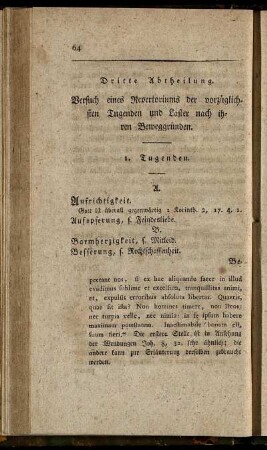 Dritte Abtheilung. Versuch eines Repertoriums der vorzüglichsten Tugenden und Laster nach ihren Beweggründen.