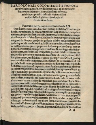 Bartolomaei Coloniensis Epistola mythologica plaerisque lepidis sententiis, & ad communem sermonum usum accommodatissimis referta, & miris & prope adeo ridiculis iocis cavillati onibus salibusque & facetiis respersa ad Pancratium suum.