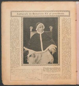 Autógrafo de Benedicto XV al presidente