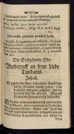Die Sechzehende Ode. Wiederruff an seine Liebe Tyndaris