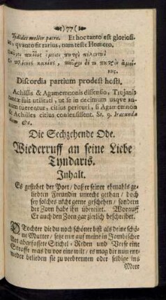 Die Sechzehende Ode. Wiederruff an seine Liebe Tyndaris