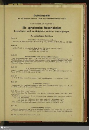 Ergänzungsblatt: Die sprechende Steuertabellen. Druckfehler- und nachträgliche amtliche Berichtigungen