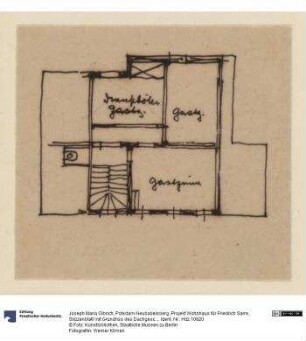 Potsdam Neubabelsberg, Projekt Wohnhaus für Friedrich Sarre, Skizzenblatt mit Grundriss des Dachgeschosses